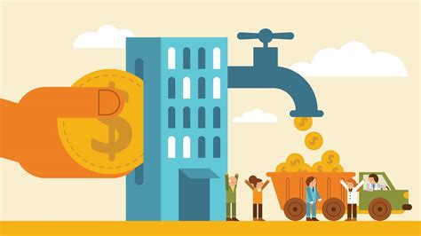 animated graphic of hotel building with coin going in one side and faucet dripping smaller coins to people on other
