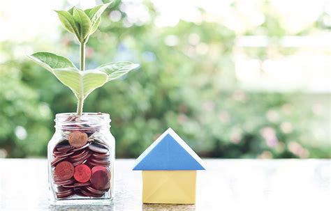 jar with coins and plant growing from it with small wooden home beside it