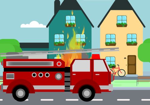 animated graphic of a fire truck in front of two homes, one of which is on fire