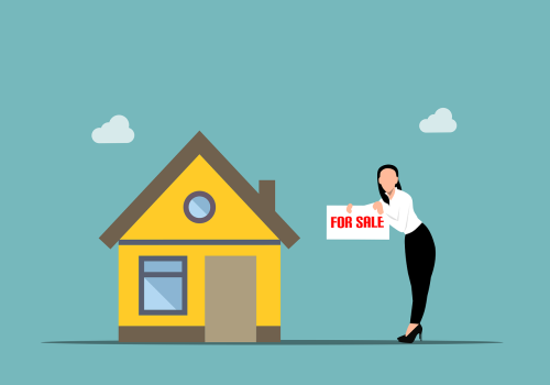 animated graphic with house and lady holding a for sale sign outside of it