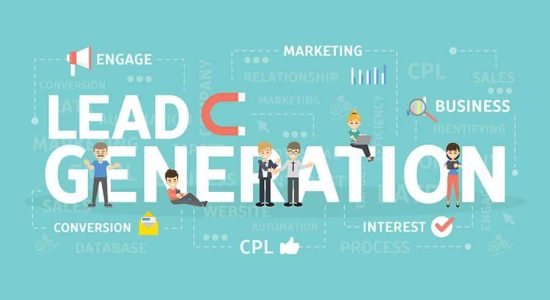 animated graphic of the words 'lead generation' and animations surrounding it