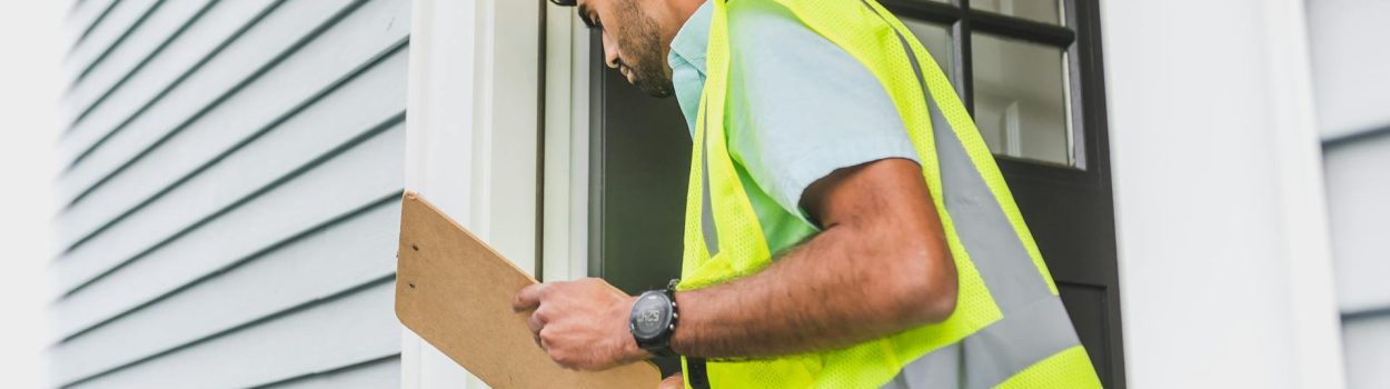 Man in Yellow Safety Reflective Vest with Hard Hat Doing House Inspection